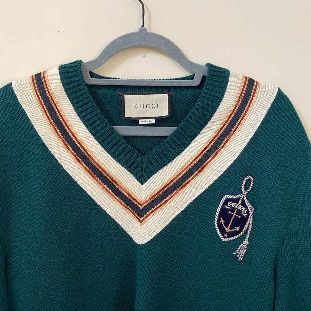 Gucci Forest Green Anchor Crest V Neck Wool Sweater Made Italy Varsity College